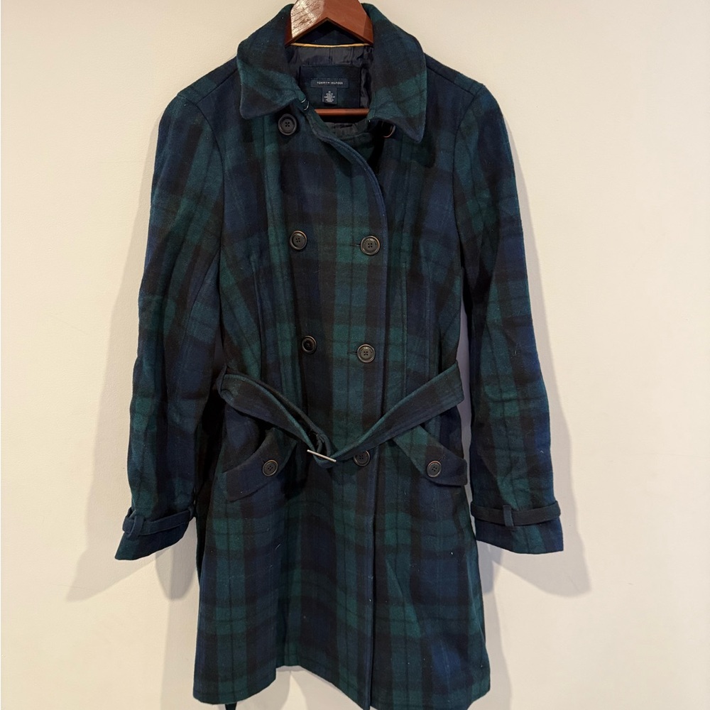 Tommy Hilfiger Green and Blue Plaid Wool Trench Coat